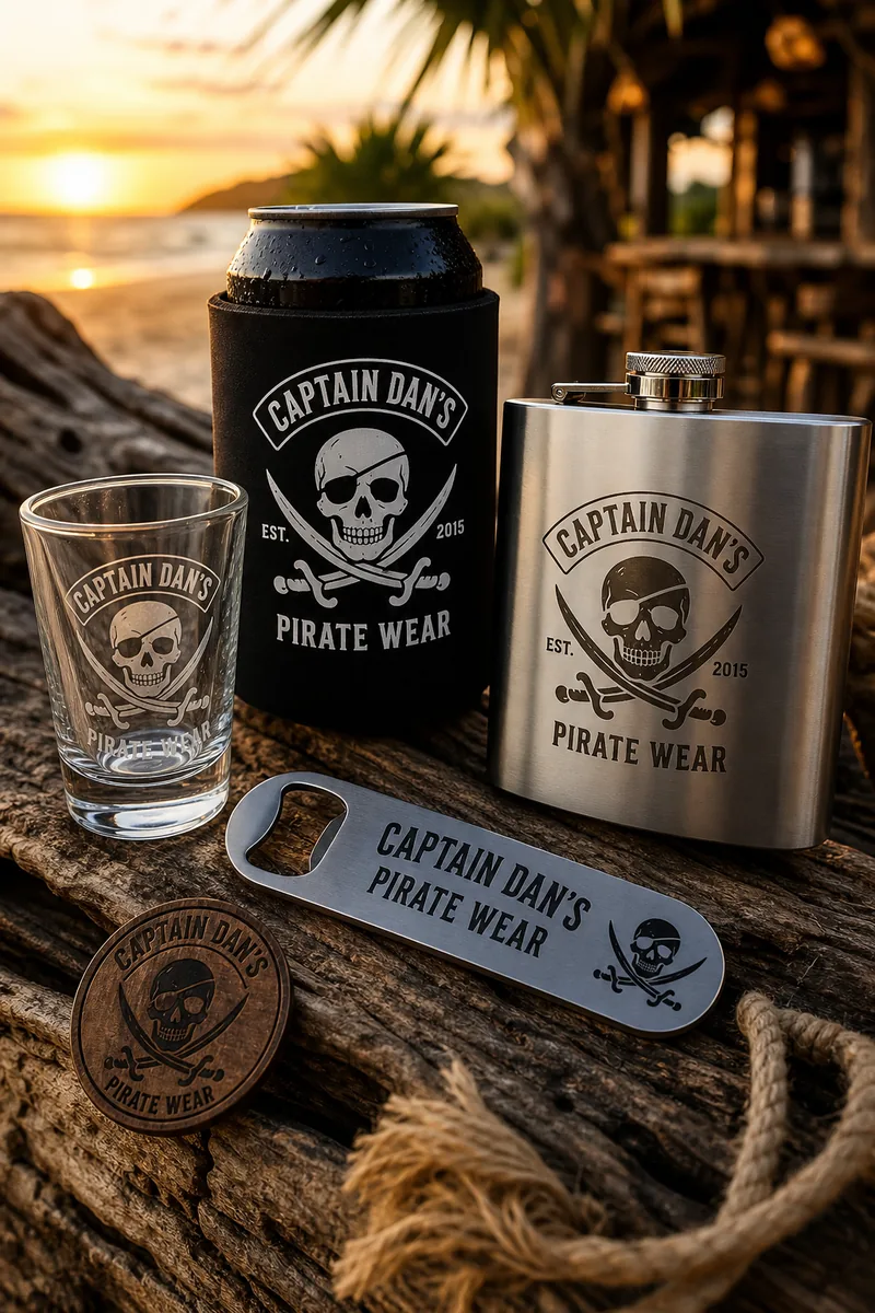 Captain Dan's accessories flat lay — shot glass, cooler, opener, flask